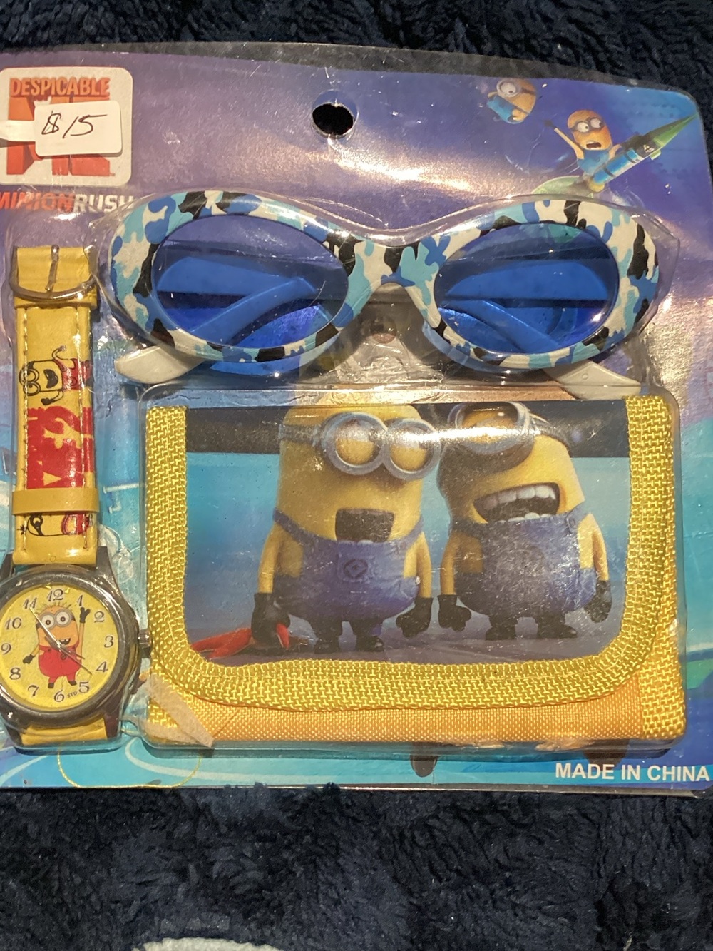 Universal Kids Blue Camo Swim Goggles with Yellow Minion Wallet & Yellow Watch
